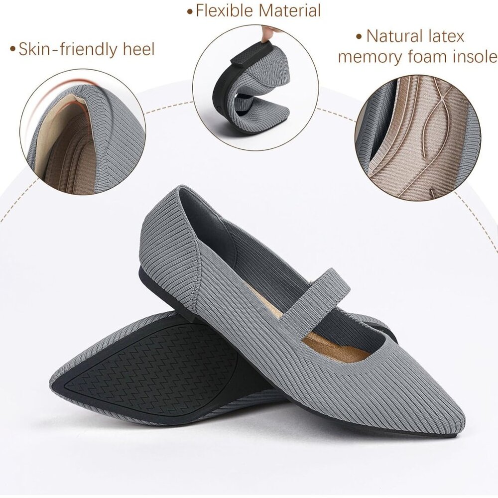 Women's Grey Flats Shoes Pointed Toe Knit Washable Ballet Comfortable Flat - Picture 4 of 6